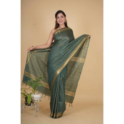 Isadora Life Womens Checks Zari Green Pre-Draped Saree With Unstitched Blouse