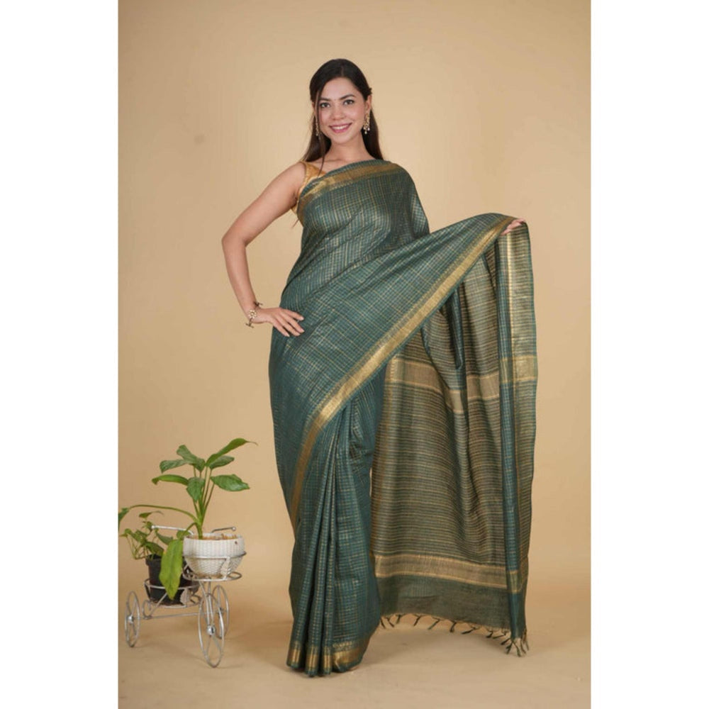 Isadora Life Womens Checks Zari Green Pre-Draped Saree With Unstitched Blouse