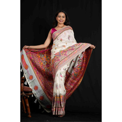 Isadora Life Womens Printed Tassels White Pre-Draped Saree With Unstitched Blouse