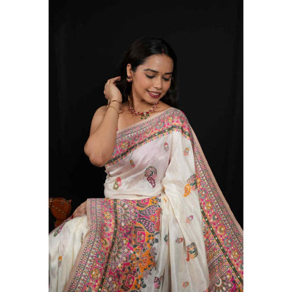 Isadora Life Womens Printed Tassels White Pre-Draped Saree With Unstitched Blouse