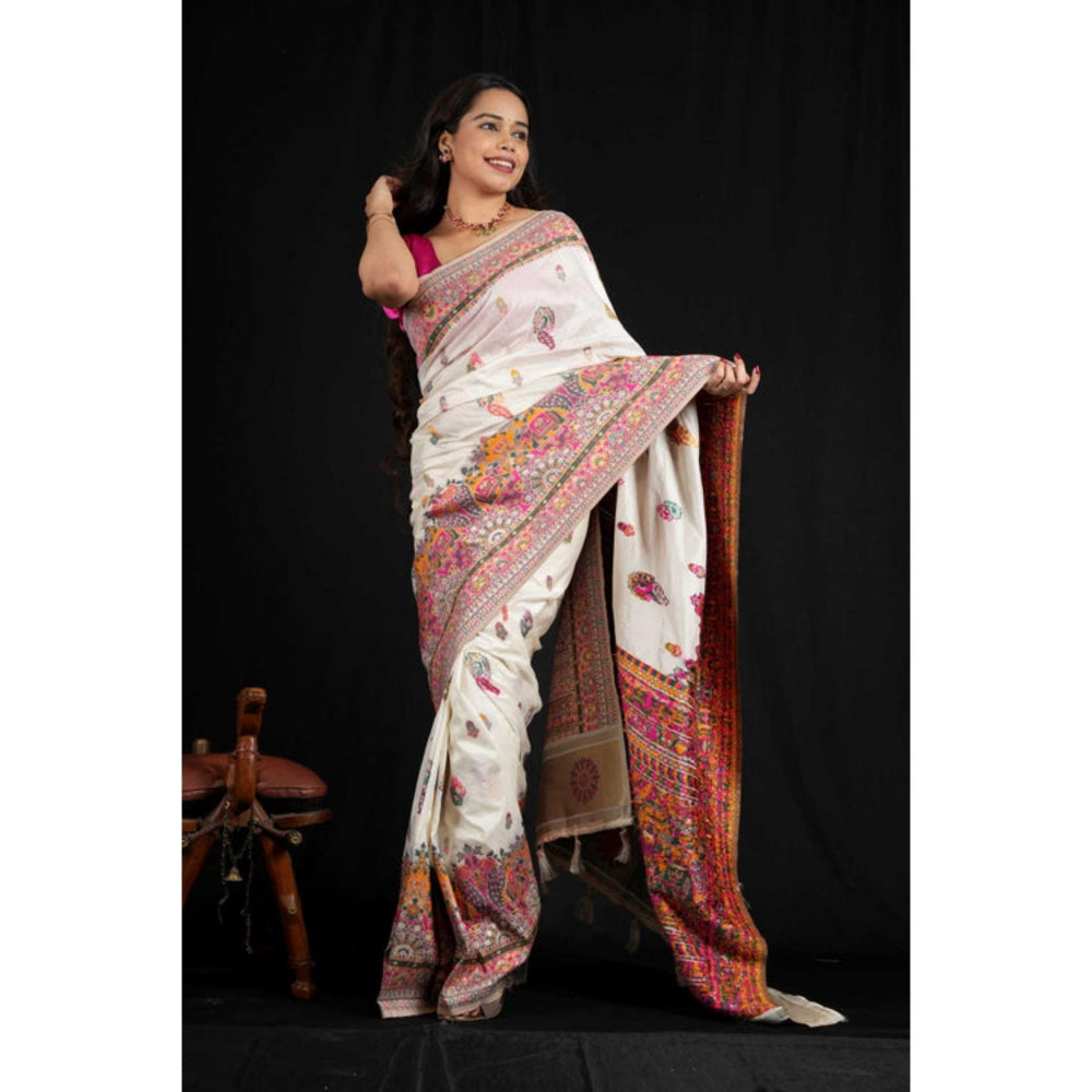 Isadora Life Womens Printed Tassels White Pre-Draped Saree With Unstitched Blouse