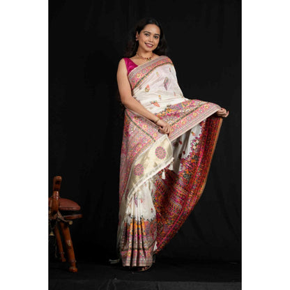 Isadora Life Womens Printed Tassels White Pre-Draped Saree With Unstitched Blouse
