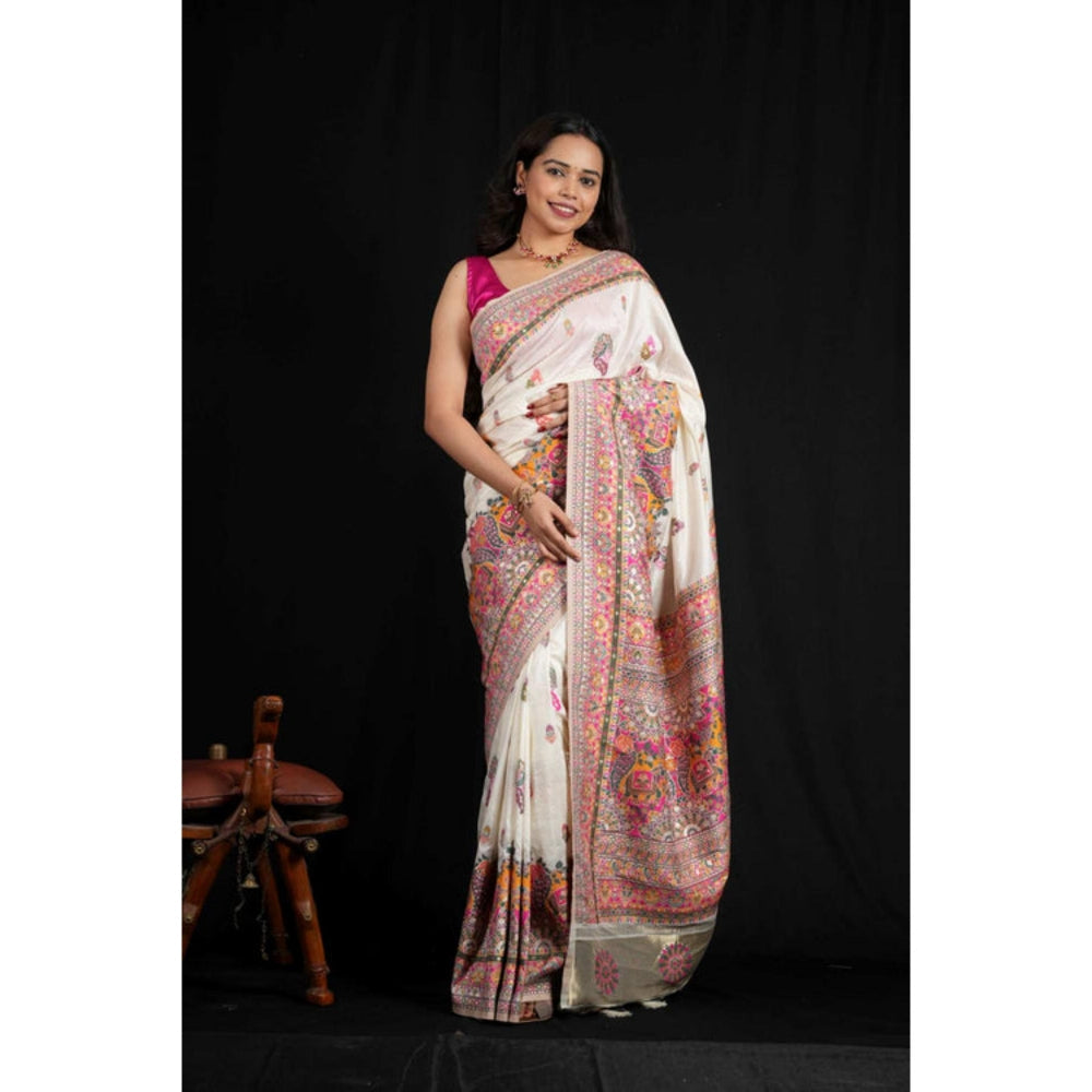 Isadora Life Womens Printed Tassels White Pre-Draped Saree With Unstitched Blouse