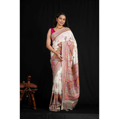 Isadora Life Womens Printed Tassels White Pre-Draped Saree With Unstitched Blouse