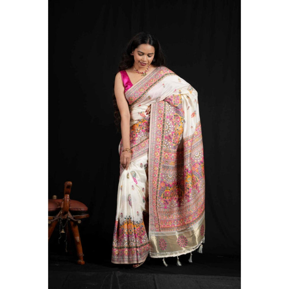 Isadora Life Womens Printed Tassels White Pre-Draped Saree With Unstitched Blouse