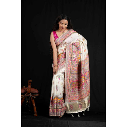 Isadora Life Womens Printed Tassels White Pre-Draped Saree With Unstitched Blouse