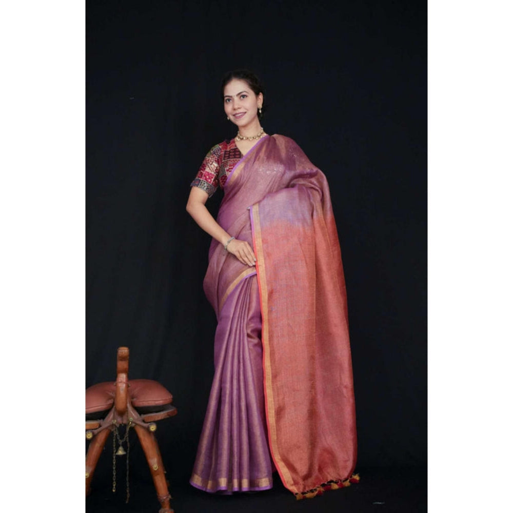 Isadora Life Womens Ombre Tassels Purple Pre-Draped Saree With Unstitched Blouse