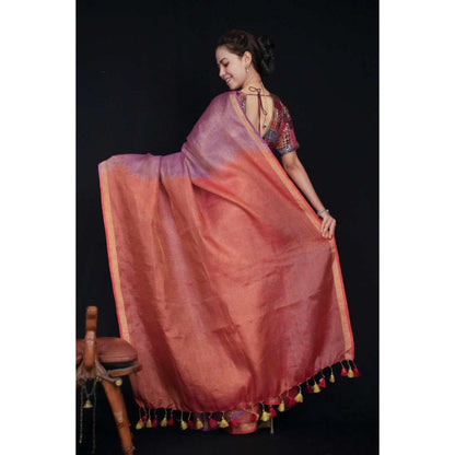 Isadora Life Womens Ombre Tassels Purple Pre-Draped Saree With Unstitched Blouse