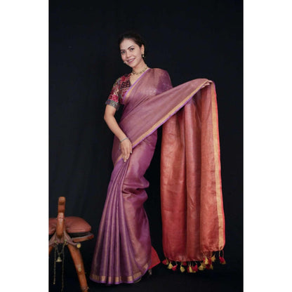 Isadora Life Womens Ombre Tassels Purple Pre-Draped Saree With Unstitched Blouse