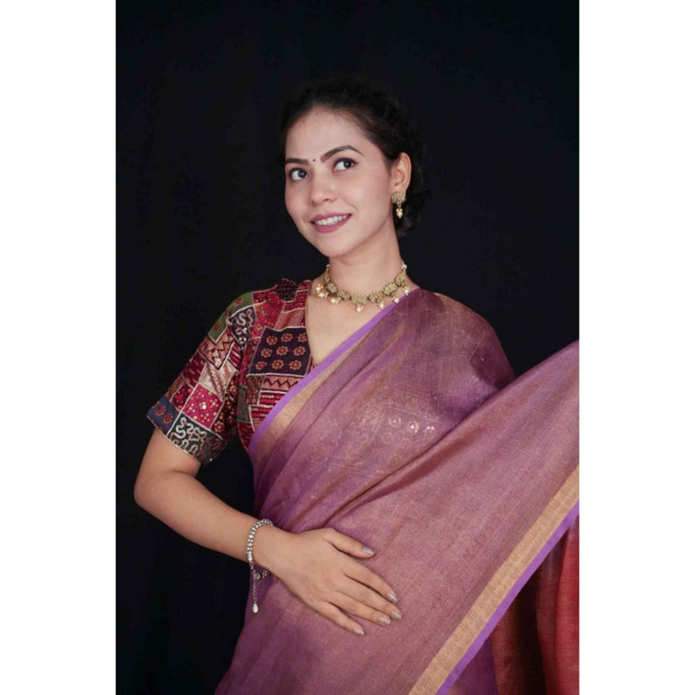 Isadora Life Womens Ombre Tassels Purple Pre-Draped Saree With Unstitched Blouse