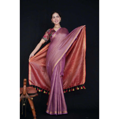 Isadora Life Womens Ombre Tassels Purple Pre-Draped Saree With Unstitched Blouse
