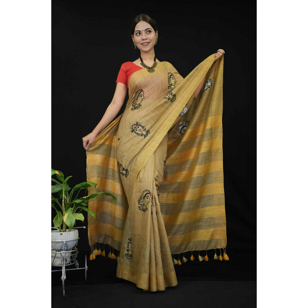 Isadora Life Womens Embroidered Tassels Beige Pre-Draped Saree With Unstitched Blouse