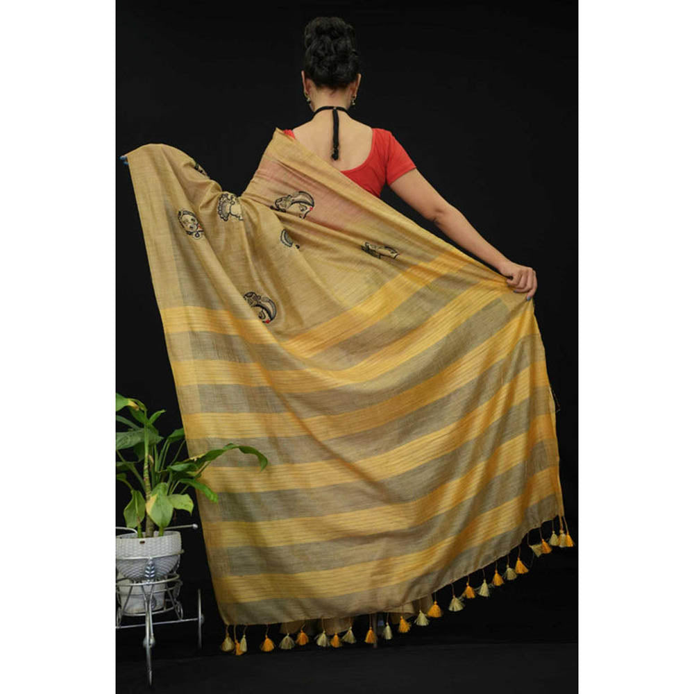 Isadora Life Womens Embroidered Tassels Beige Pre-Draped Saree With Unstitched Blouse