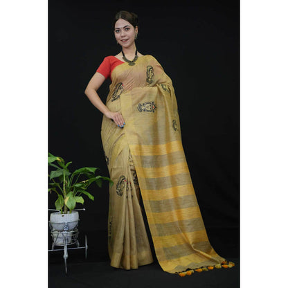 Isadora Life Womens Embroidered Tassels Beige Pre-Draped Saree With Unstitched Blouse