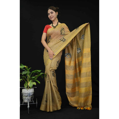 Isadora Life Womens Embroidered Tassels Beige Pre-Draped Saree With Unstitched Blouse