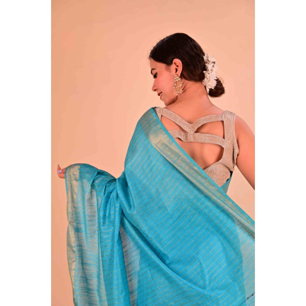Isadora Life Womens Stripes Zari Blue Pre-Draped Saree With Unstitched Blouse