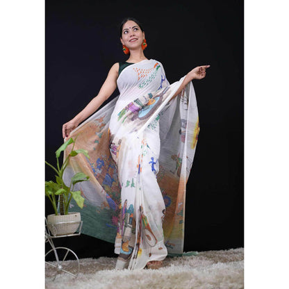Isadora Life Womens Printed Multi-Color Pre-Draped Saree With Unstitched Blouse