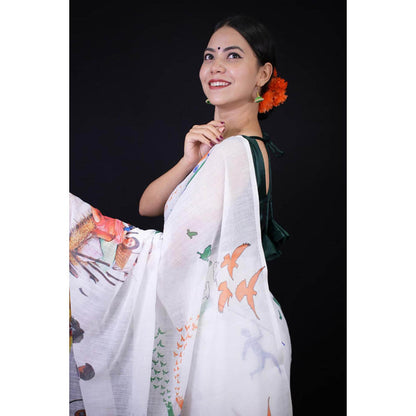 Isadora Life Womens Printed Multi-Color Pre-Draped Saree With Unstitched Blouse