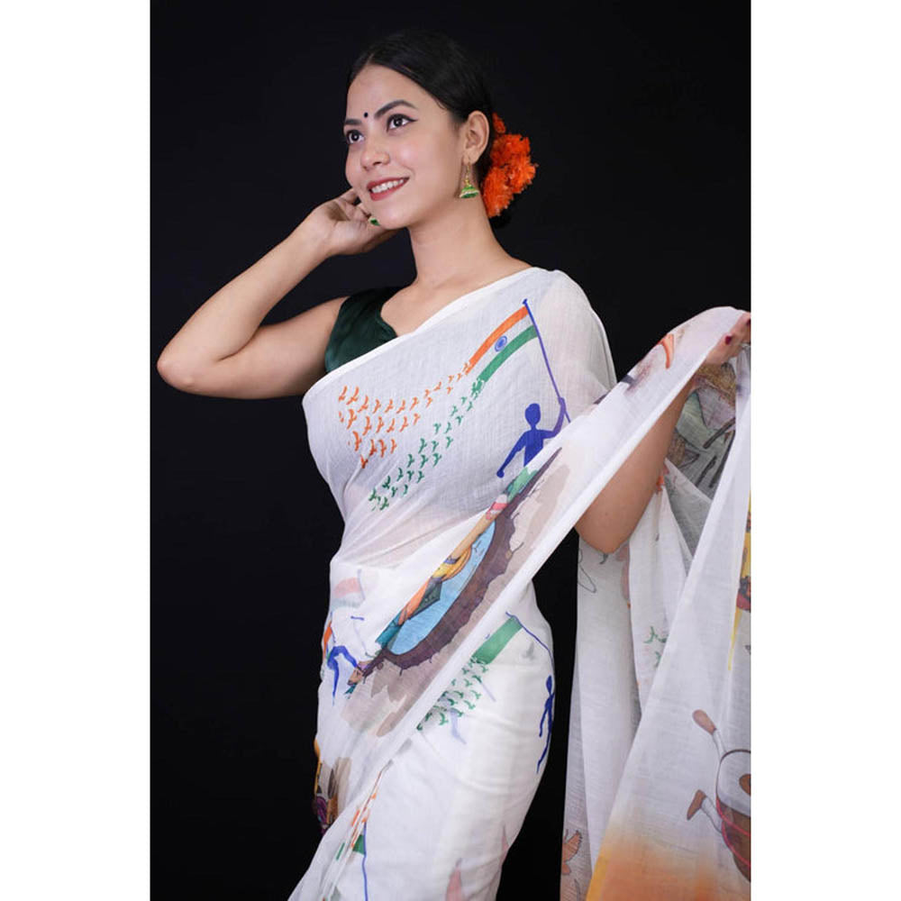 Isadora Life Womens Printed Multi-Color Pre-Draped Saree With Unstitched Blouse