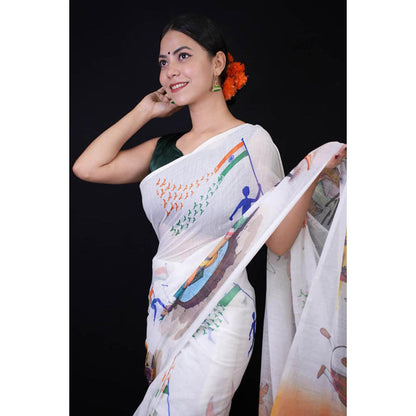 Isadora Life Womens Printed Multi-Color Pre-Draped Saree With Unstitched Blouse