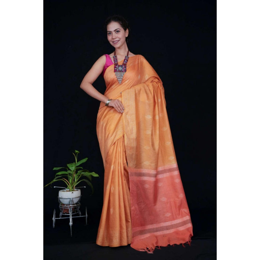 Isadora Life Womens Woven Tassels Orange Pre-Draped Saree With Unstitched Blouse
