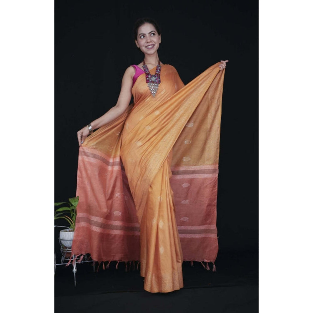 Isadora Life Womens Woven Tassels Orange Pre-Draped Saree With Unstitched Blouse
