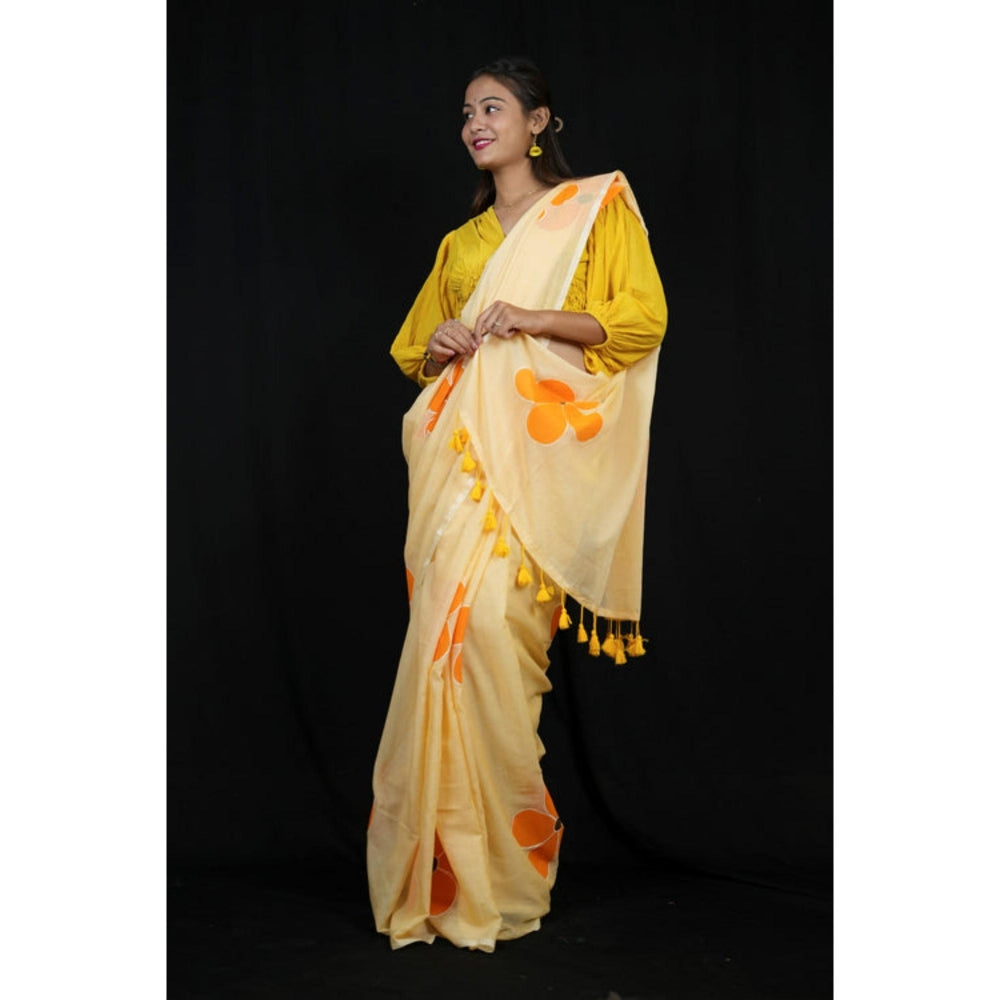 Isadora Life Womens Floral Printed Yellow Pre-Draped Saree With Unstitched Blouse