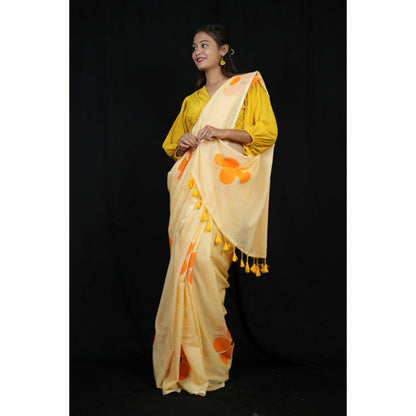 Isadora Life Womens Floral Printed Yellow Pre-Draped Saree With Unstitched Blouse