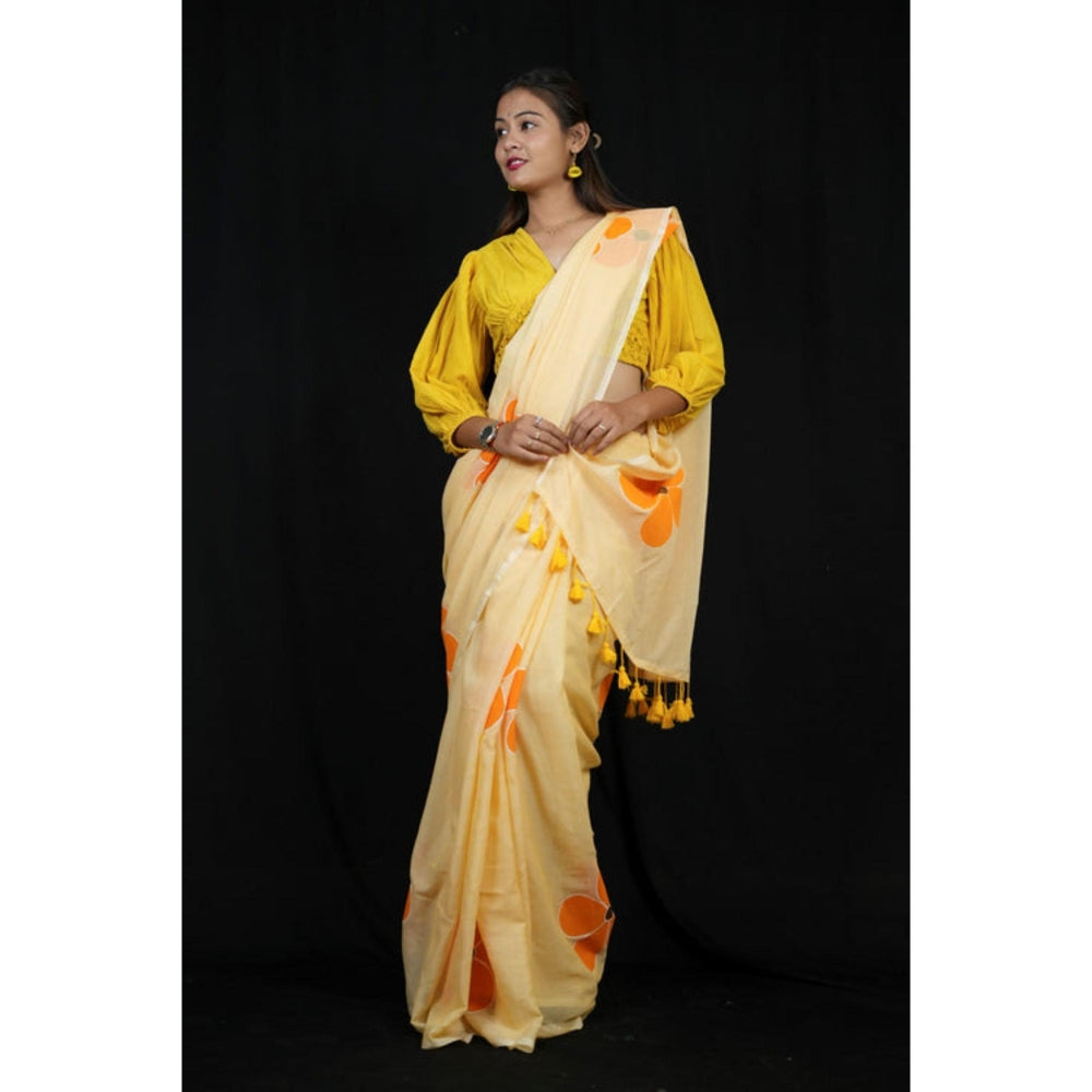Isadora Life Womens Floral Printed Yellow Pre-Draped Saree With Unstitched Blouse