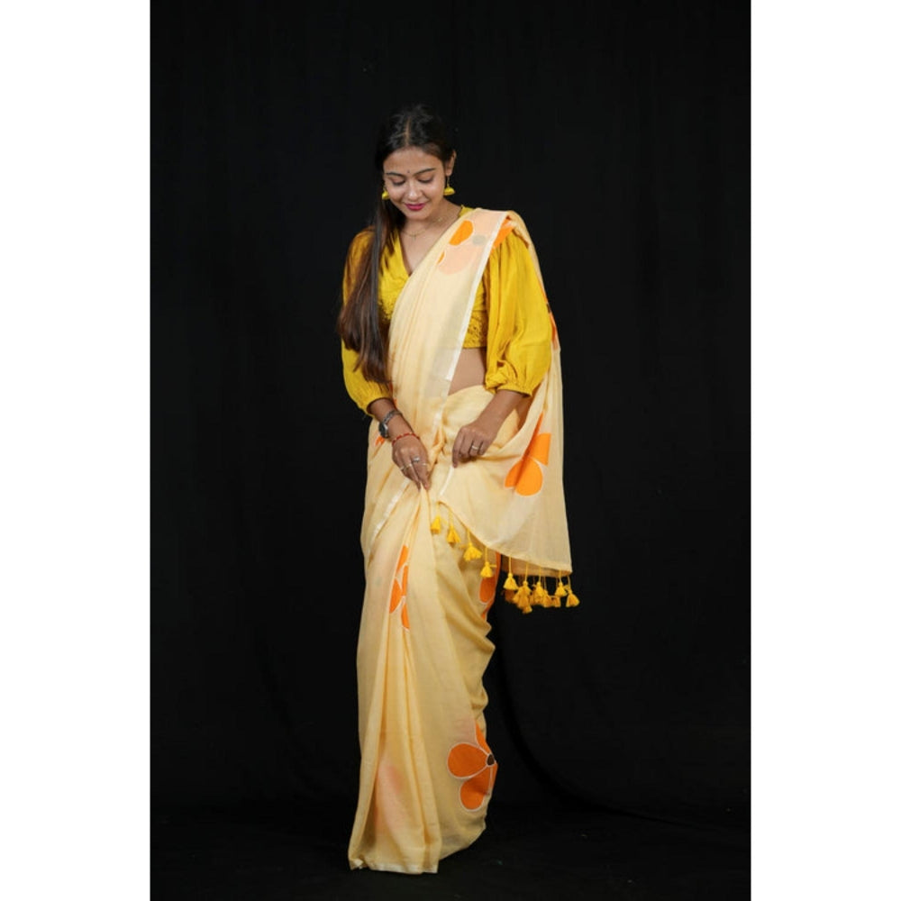 Isadora Life Womens Floral Printed Yellow Pre-Draped Saree With Unstitched Blouse