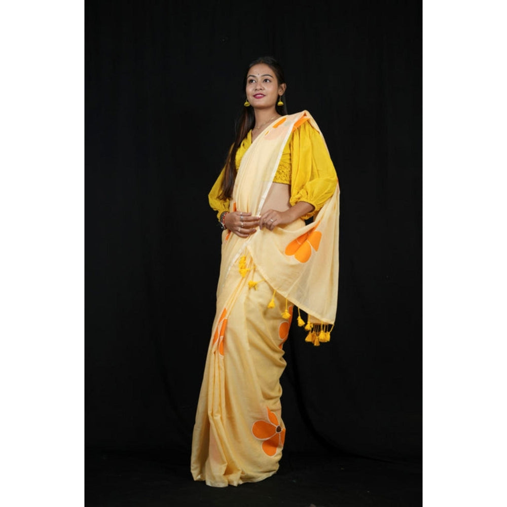 Isadora Life Womens Floral Printed Yellow Pre-Draped Saree With Unstitched Blouse