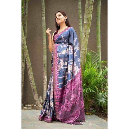 Isadora Life Womens Floral Printed Navy Blue Pre-Draped Saree With Unstitched Blouse