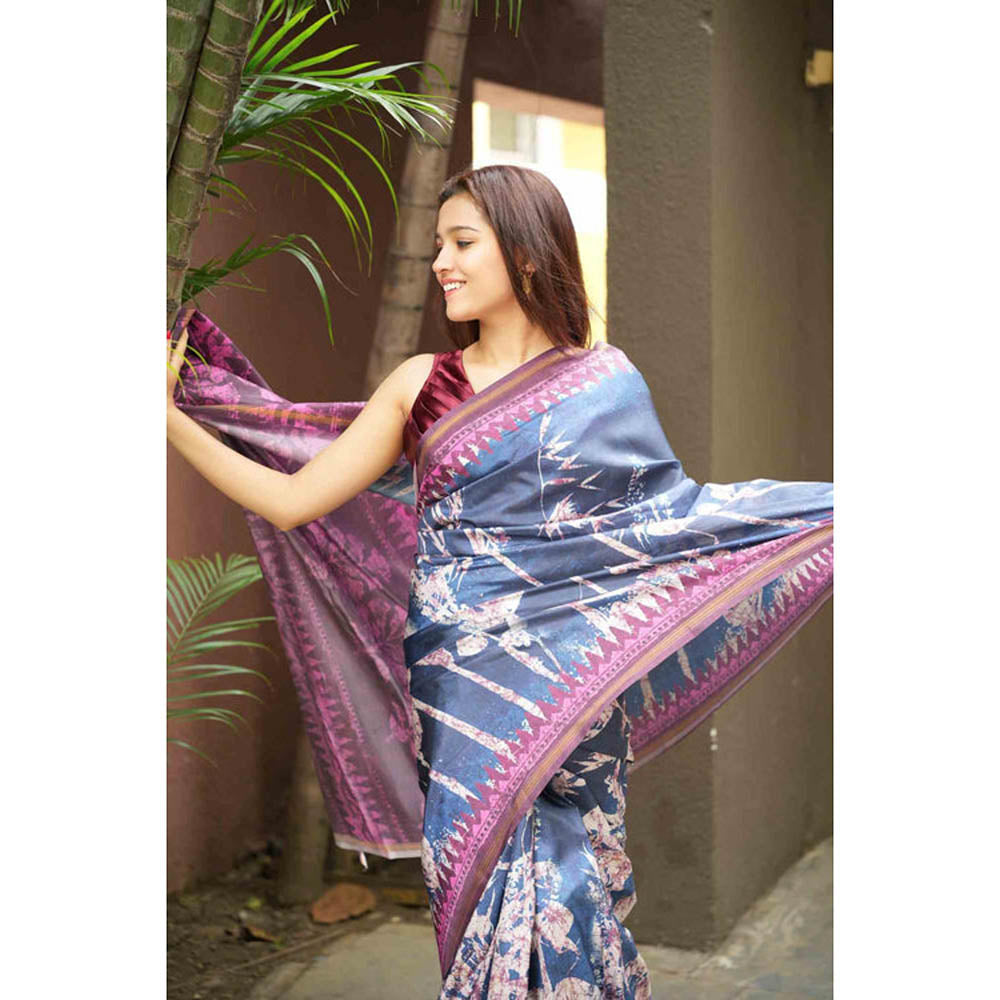 Isadora Life Womens Floral Printed Navy Blue Pre-Draped Saree With Unstitched Blouse