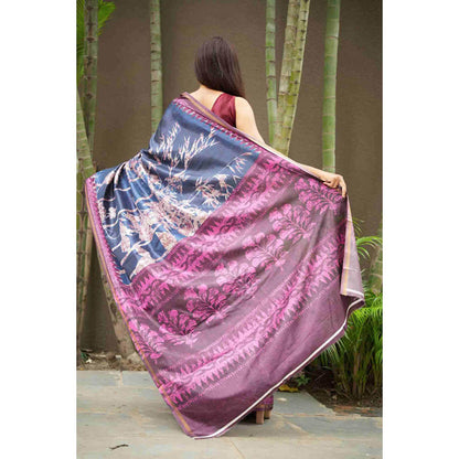 Isadora Life Womens Floral Printed Navy Blue Pre-Draped Saree With Unstitched Blouse