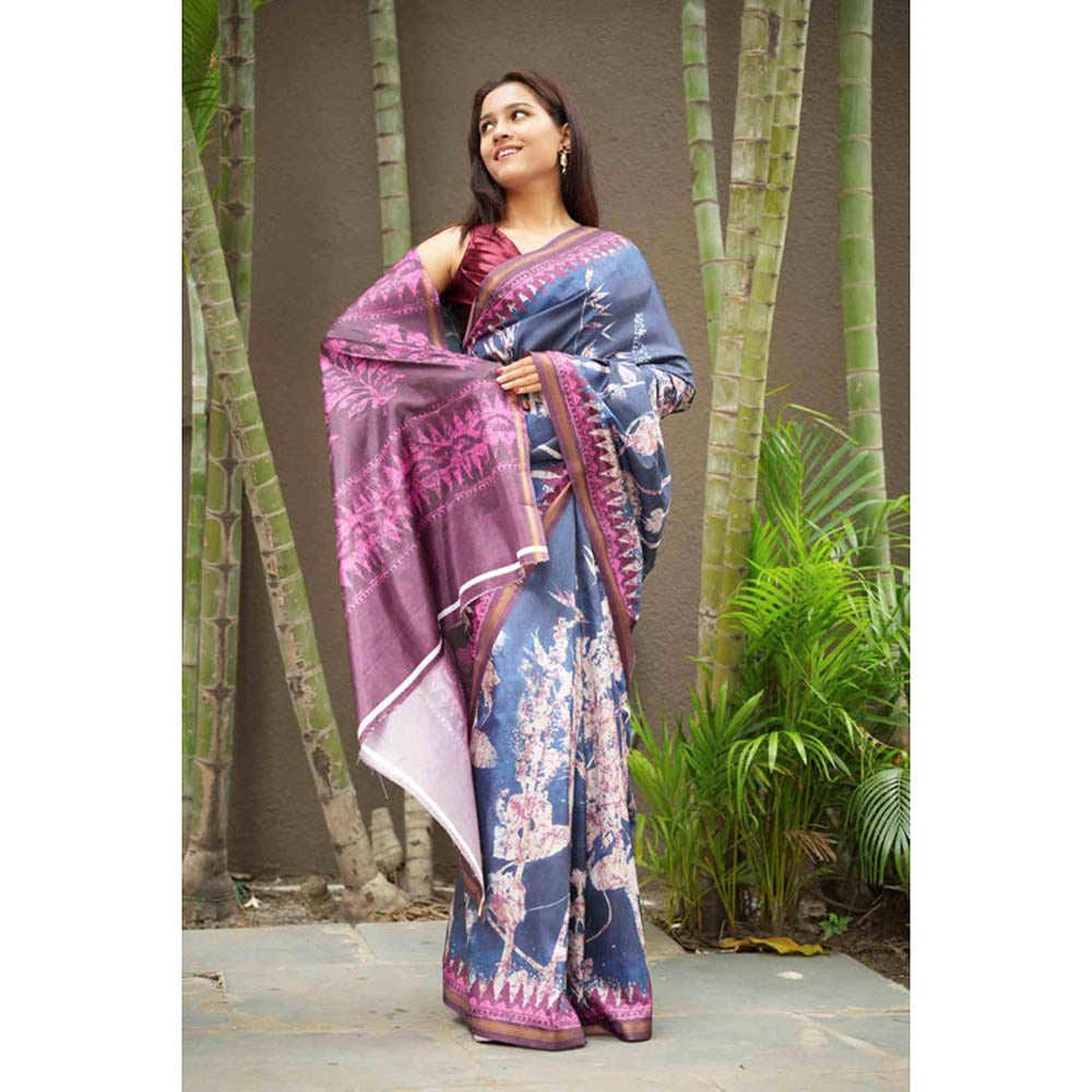 Isadora Life Womens Floral Printed Navy Blue Pre-Draped Saree With Unstitched Blouse