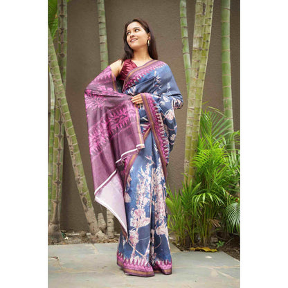 Isadora Life Womens Floral Printed Navy Blue Pre-Draped Saree With Unstitched Blouse