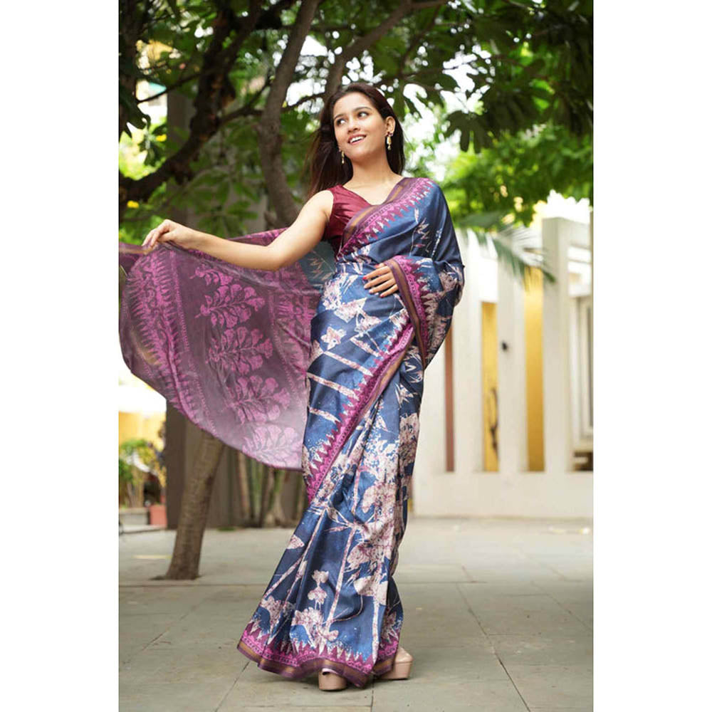 Isadora Life Womens Floral Printed Navy Blue Pre-Draped Saree With Unstitched Blouse