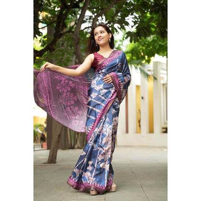 Isadora Life Womens Floral Printed Navy Blue Pre-Draped Saree With Unstitched Blouse