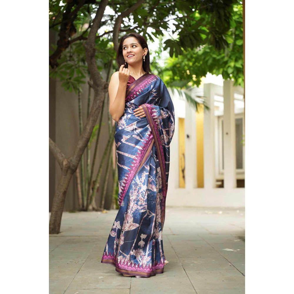 Isadora Life Womens Floral Printed Navy Blue Pre-Draped Saree With Unstitched Blouse