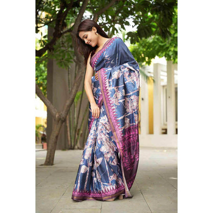 Isadora Life Womens Floral Printed Navy Blue Pre-Draped Saree With Unstitched Blouse