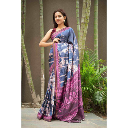 Isadora Life Womens Floral Printed Navy Blue Pre-Draped Saree With Unstitched Blouse