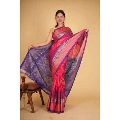 Isadora Life Womens Woven Ikat Pink Pre-Draped Saree With Unstitched Blouse