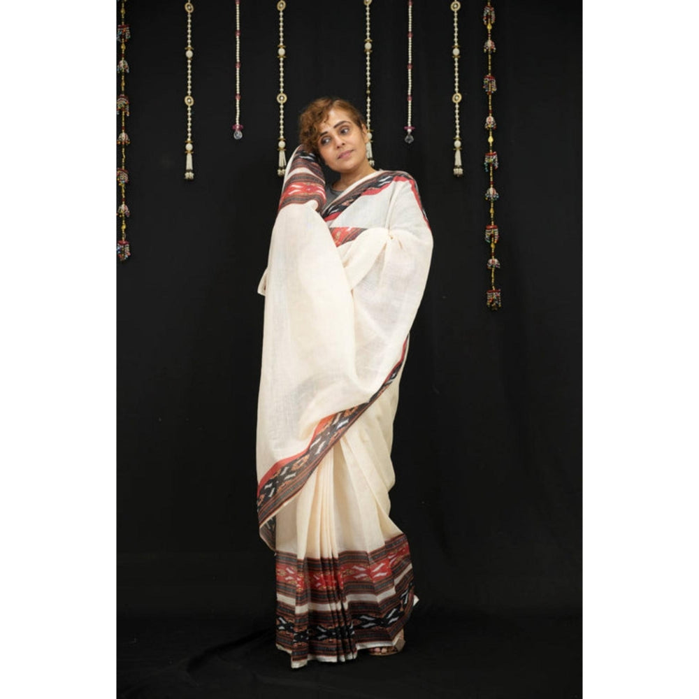 Isadora Life Womens Printed Off White Pre-Draped Saree With Unstitched Blouse