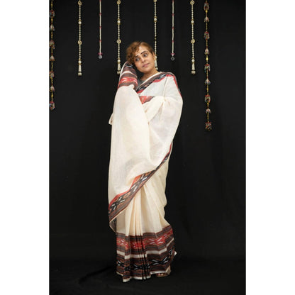 Isadora Life Womens Printed Off White Pre-Draped Saree With Unstitched Blouse