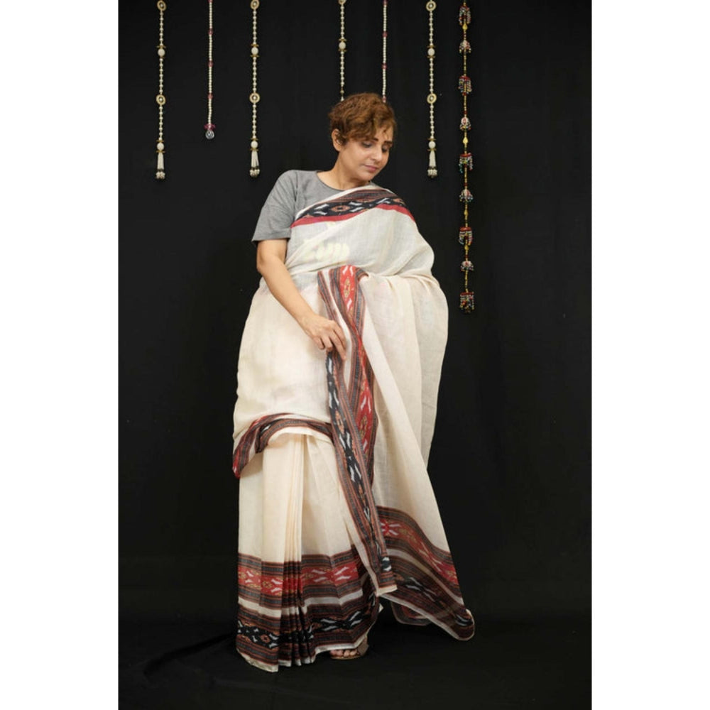 Isadora Life Womens Printed Off White Pre-Draped Saree With Unstitched Blouse