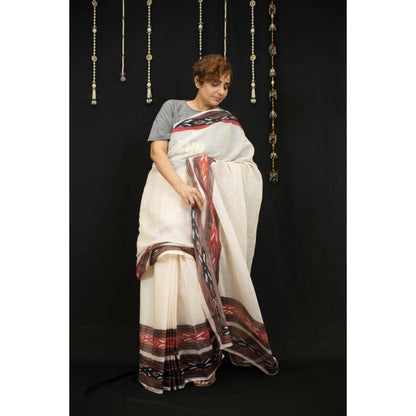 Isadora Life Womens Printed Off White Pre-Draped Saree With Unstitched Blouse