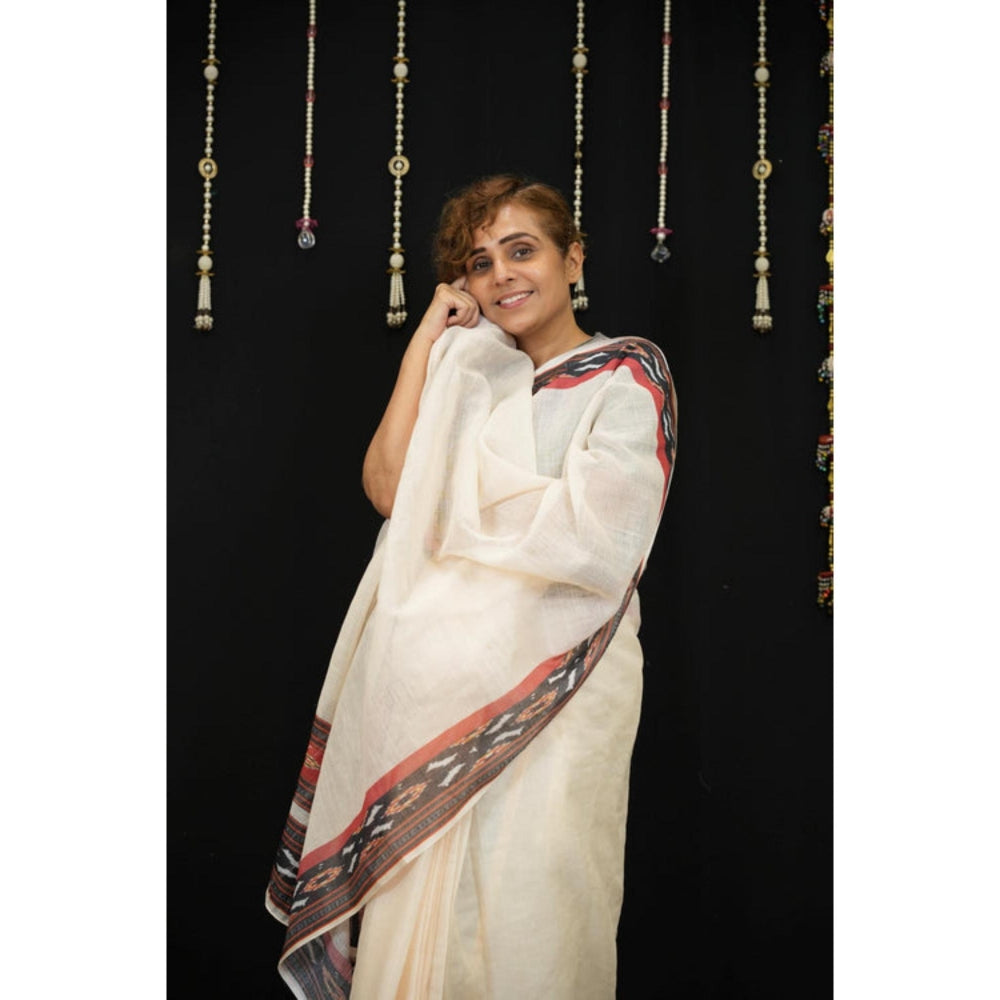 Isadora Life Womens Printed Off White Pre-Draped Saree With Unstitched Blouse