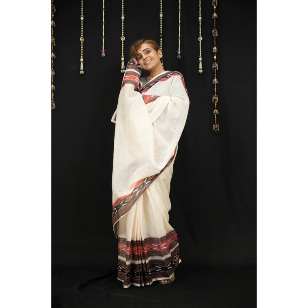 Isadora Life Womens Printed Off White Pre-Draped Saree With Unstitched Blouse
