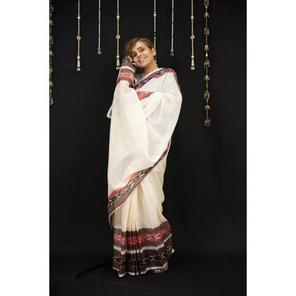 Isadora Life Womens Printed Off White Pre-Draped Saree With Unstitched Blouse