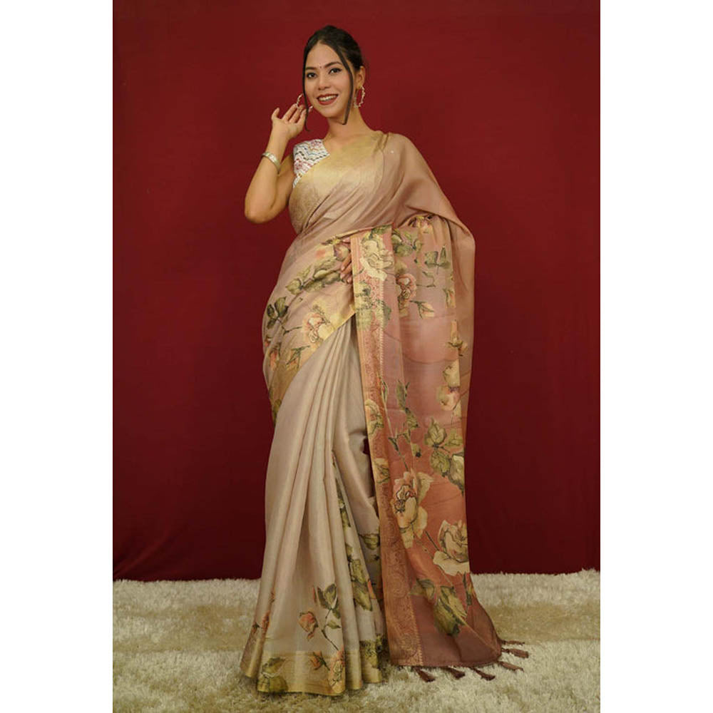 Isadora Life Womens Floral Tassels Beige Pre-Draped Saree With Unstitched Blouse